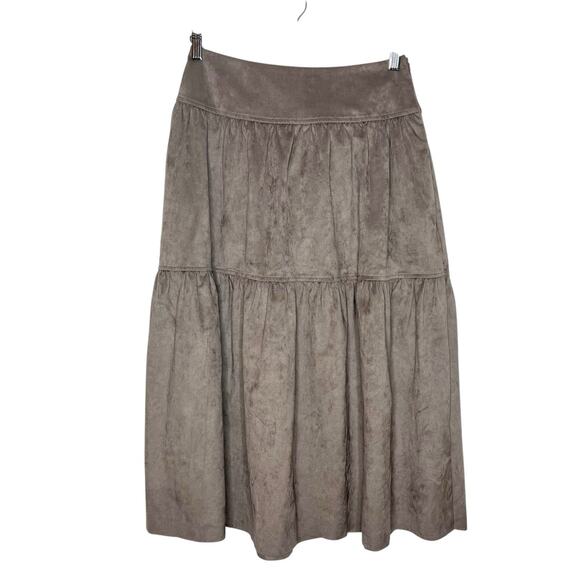 Faux Suede Tiered Ruffled Midi Skirt Tan Womens M Western Boho Peasant Tie Back - Picture 1 of 6